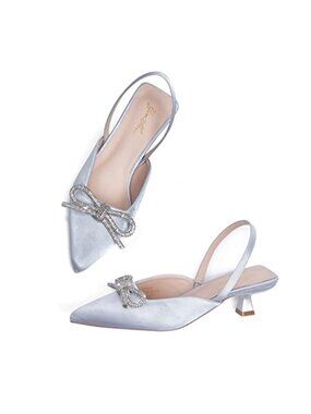 Rhinestone Bow Slingback Kitten Heels Pointed Toe Heels, 2in Heels for Women